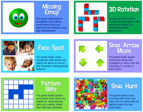 Skoolbo Brain Game Activities - including logic, memory, mental rotation, spacial awareness and visual scanning games